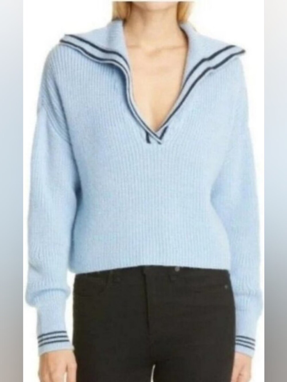 5a7 Cinq a Sept Blue Wool blend Cecile Sailor Ribbed Oversize Crop Sweater Small